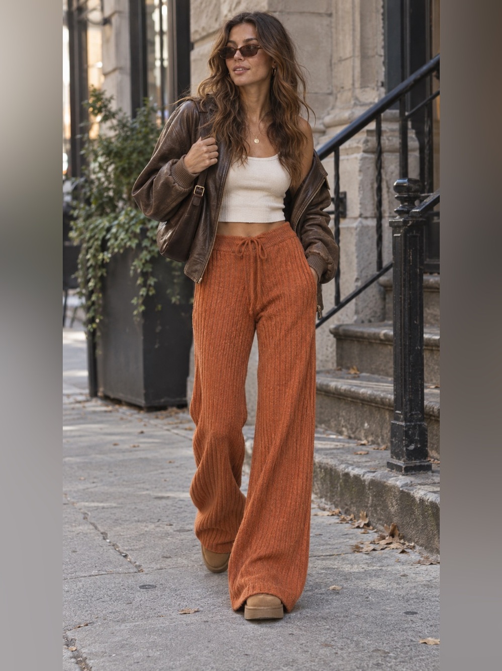 SNDYS Hendrix Ribbed Knit Drawstring Pants Burnt Orange Wide Leg Lounge Pants M - Picture 1 of 9
